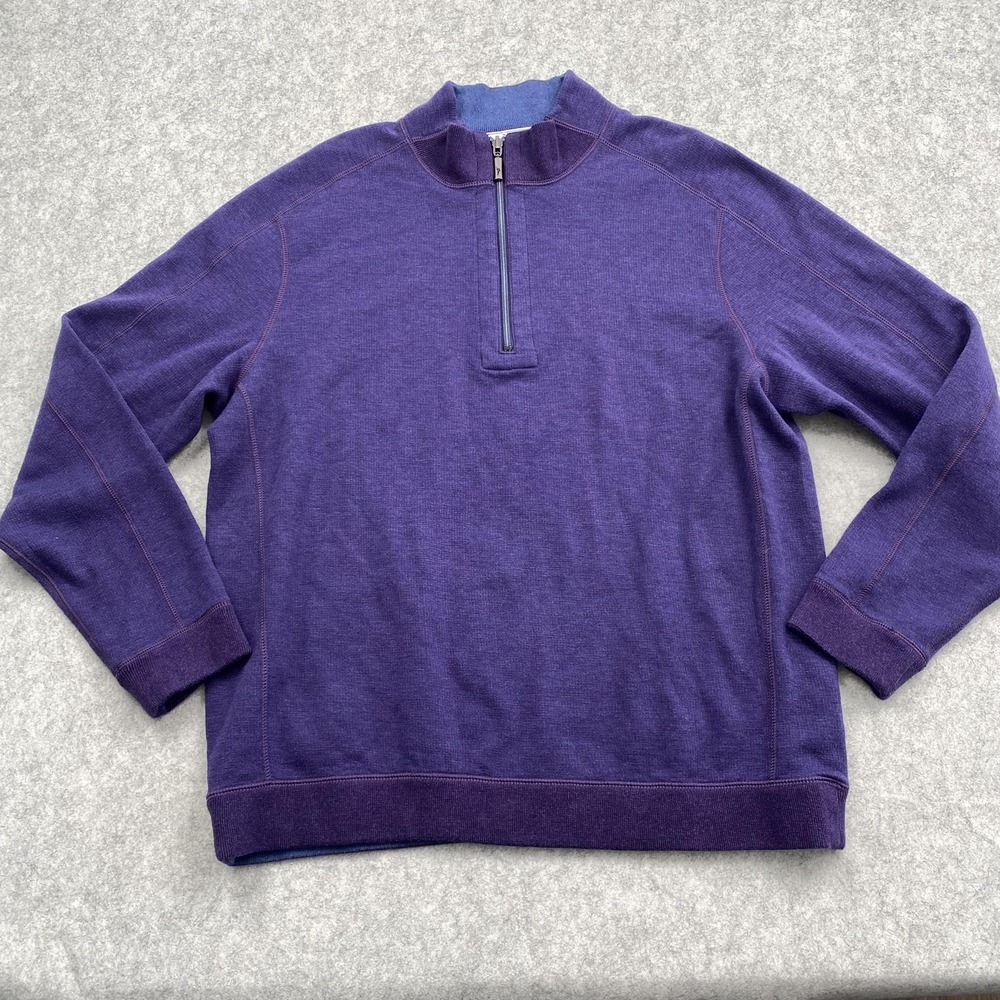 Tommy Bahama Sweater Mens Large Purple Reversible 1/4 Zip Pullover Mock Neck